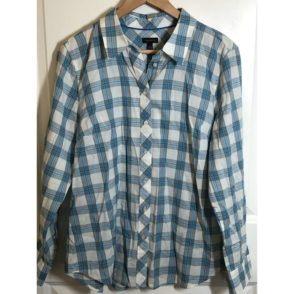 Talbots Blouse Women's‎ Large Teal Check Lightweight Career Casual Button Down